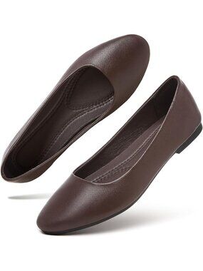 Women's Coffee Brown Comfortable PU Leather Round Toe Slip on Ballet Flat Shoes